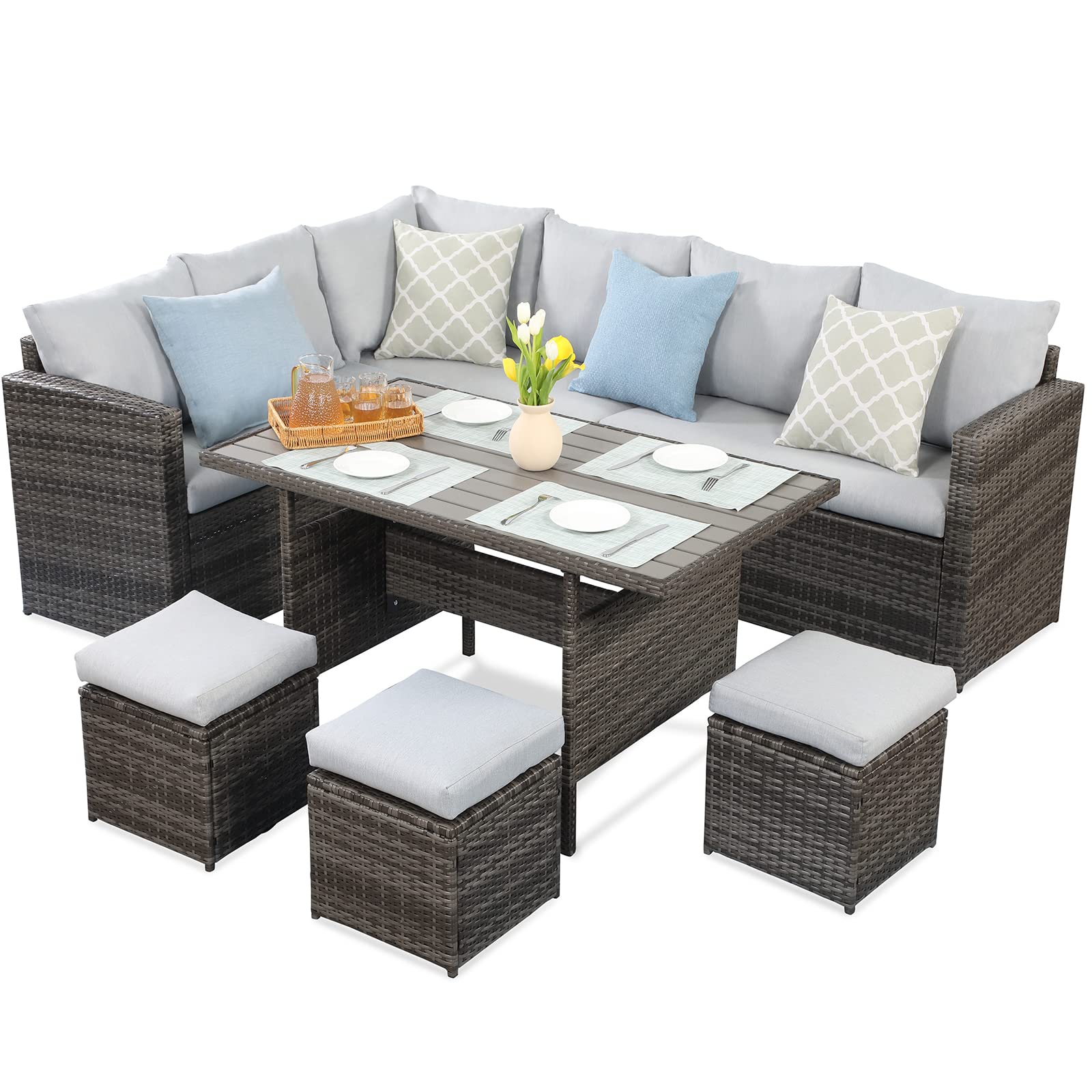 Suncrown 7-Piece Outdoor Wicker Dining Set with Cushions