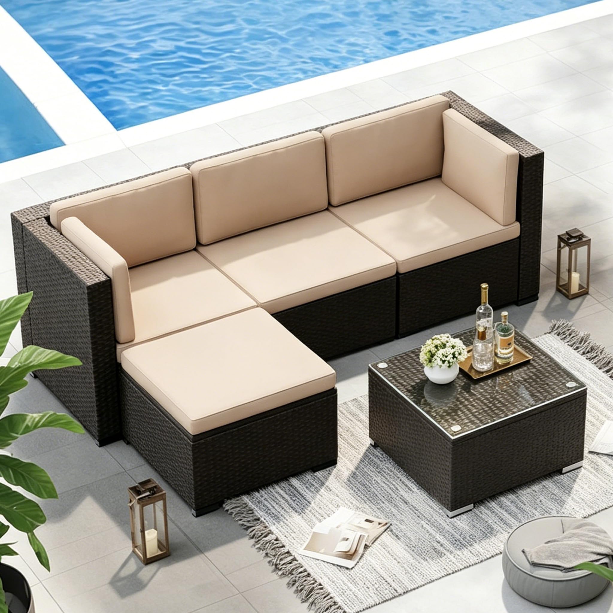 Suncrown Outdoor 4-Piece Wicker Sectional Sofa Set with Ottoman