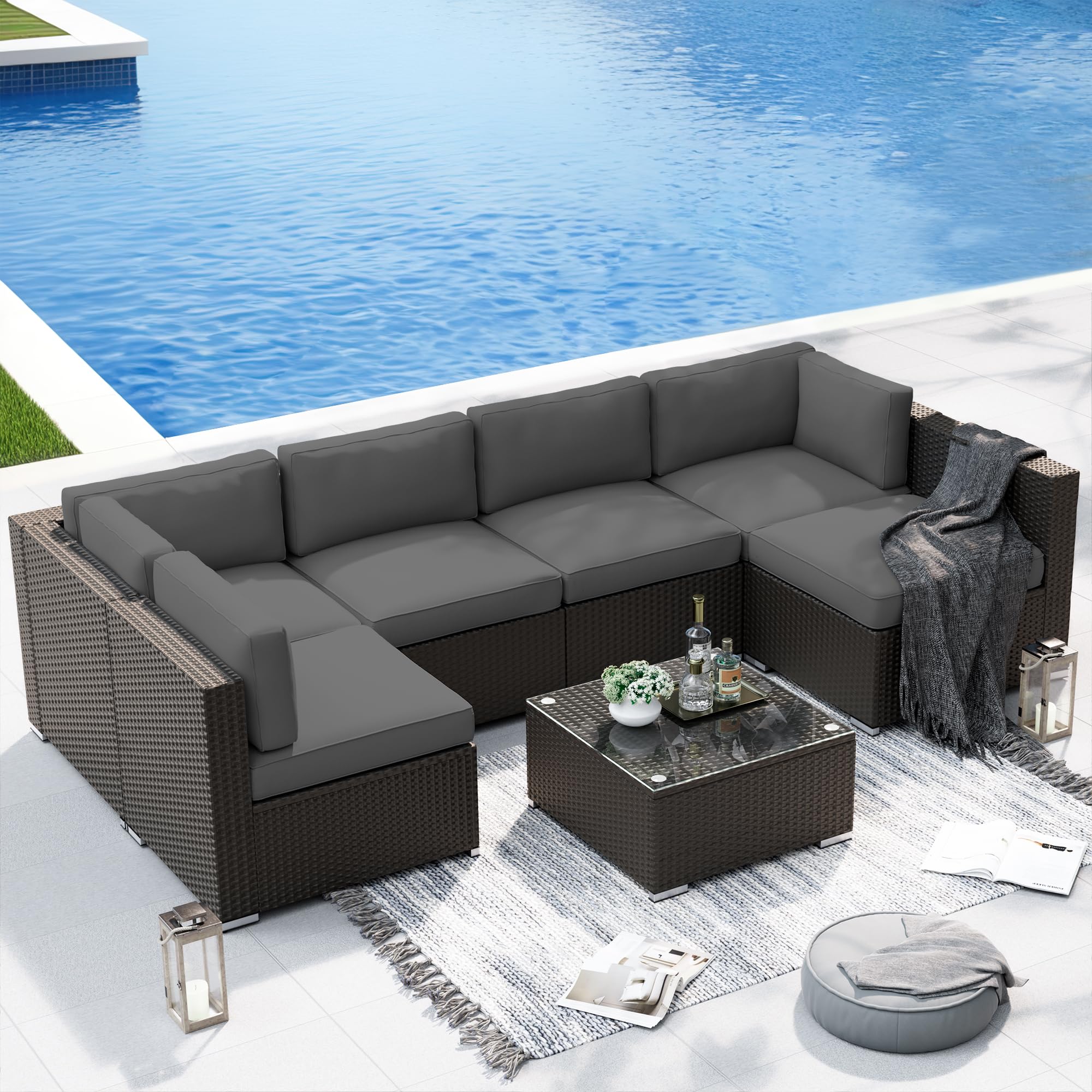 Suncrown Outdoor Furniture 6-Piece Wicker Sectional Sofa Set
