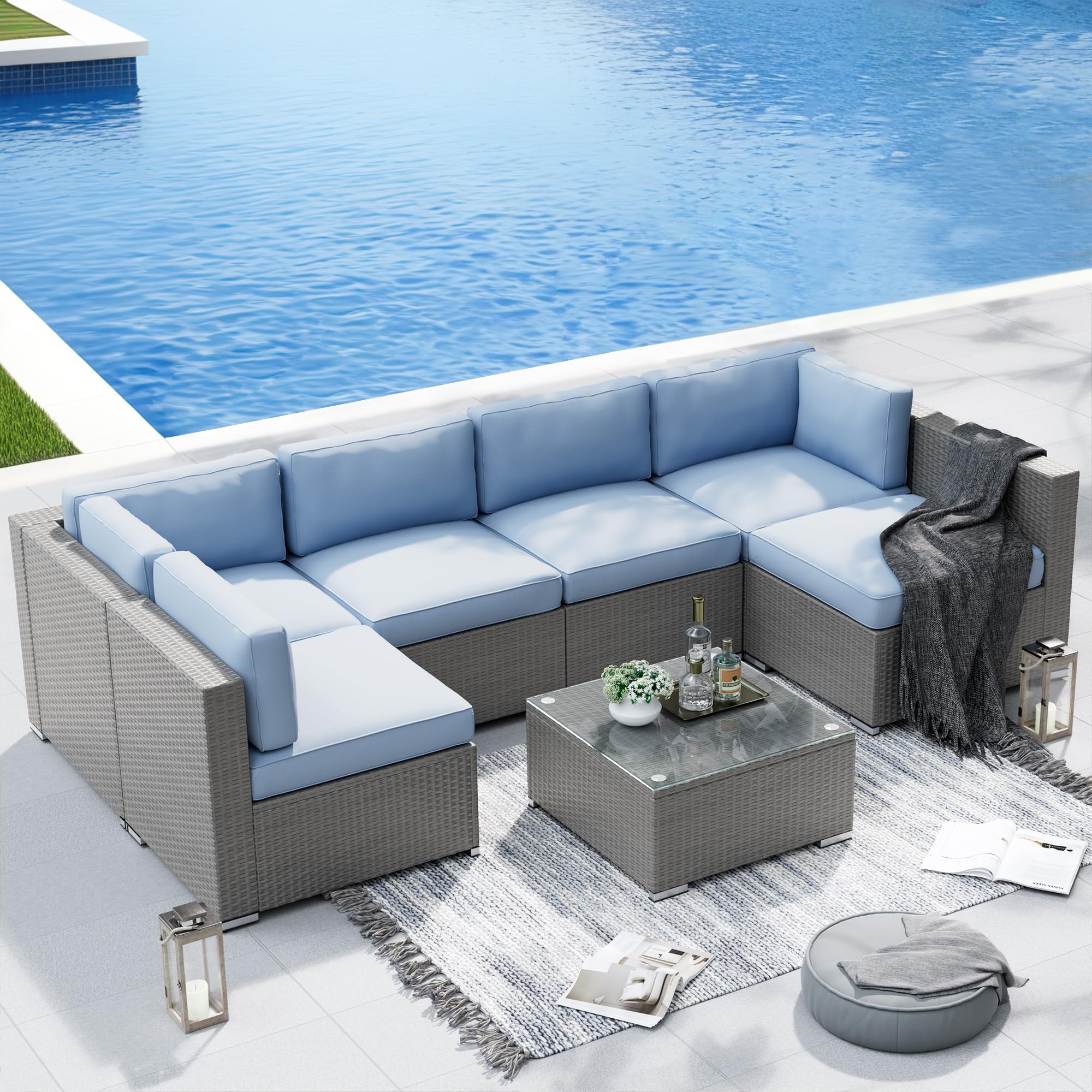 Suncrown Outdoor Furniture 7-Piece Wicker Sofa Sectional Set with Glass Table