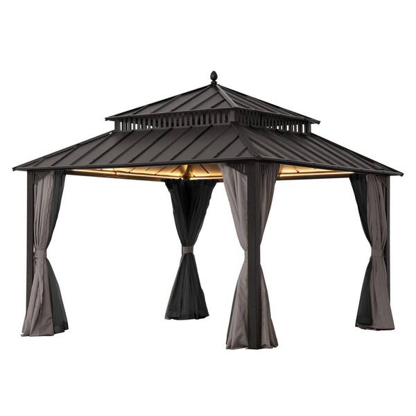 Sunjoy 12x12 ft Steel Hardtop Gazebo with Curtains and Netting