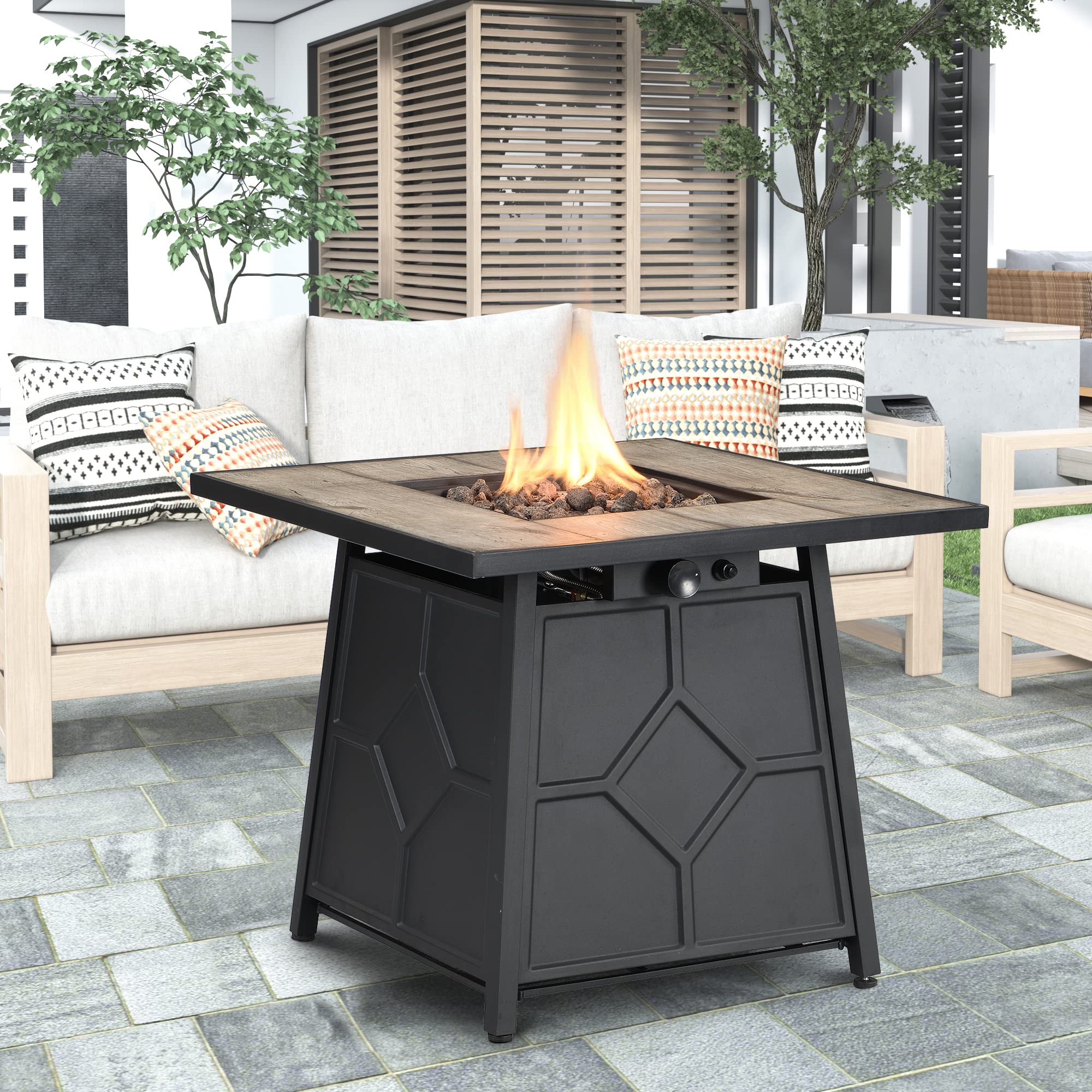 Sunjoy 42-Inch Square Propane Fire Pit Dining Table with Concrete-Look Top