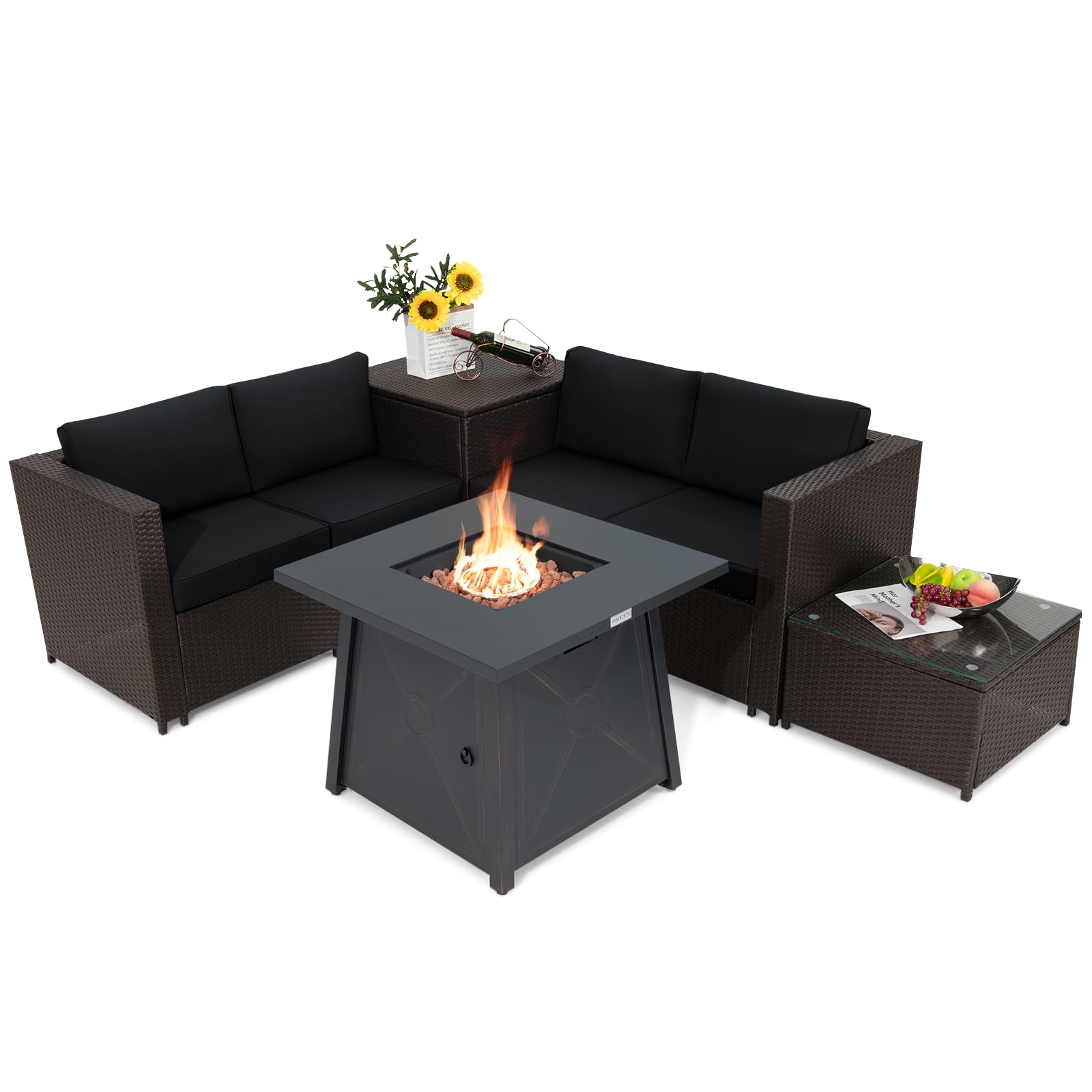 Sunjoy Glenville 7-Piece Wicker Patio Conversation Set with Propane Fire Pit Table