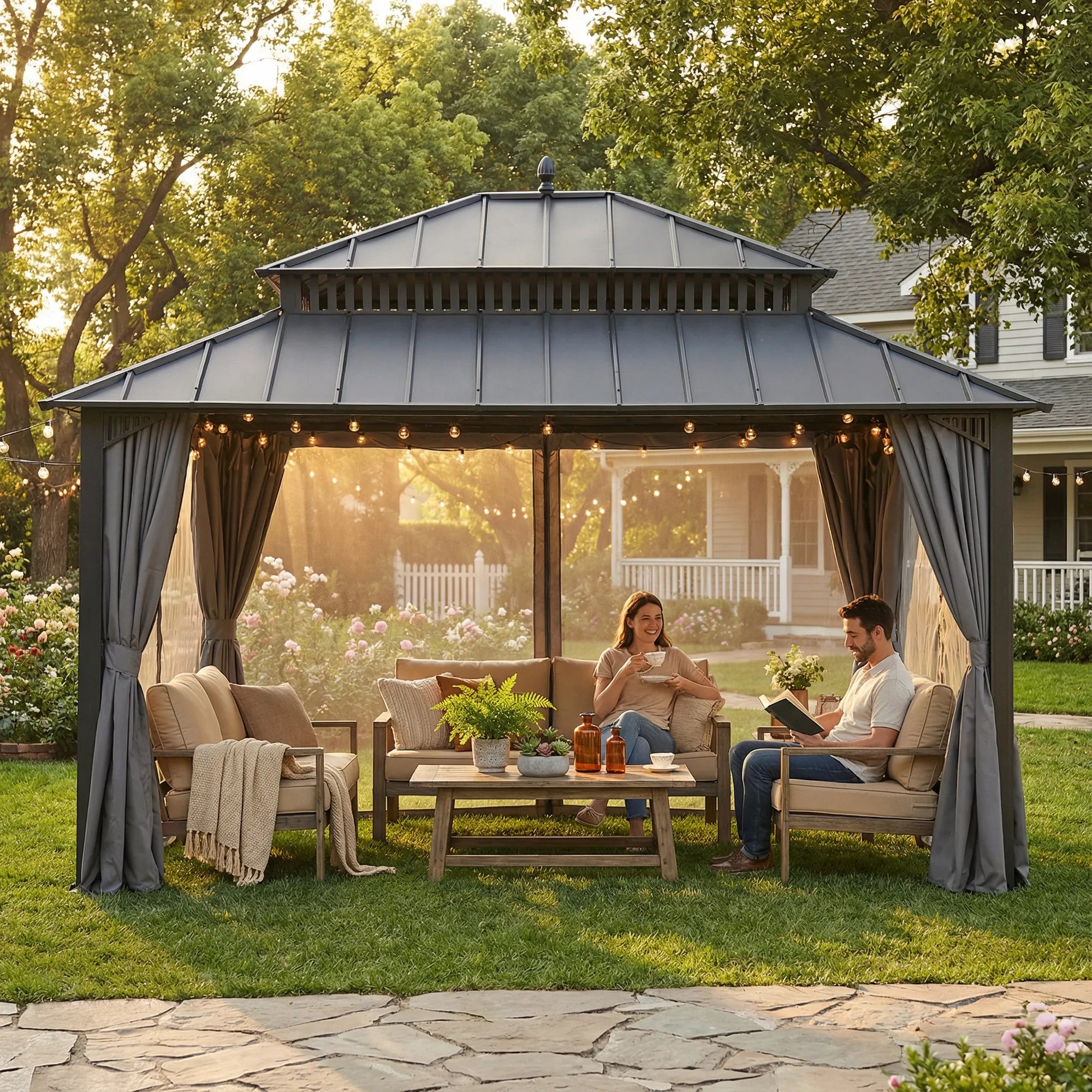 Sunjoy Premium 12x14 Steel Hardtop Gazebo with Vented Double Roof