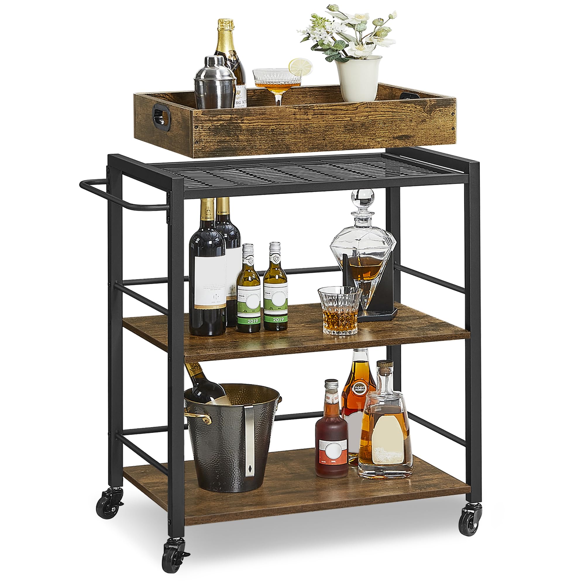 Sunnydaze 3-Tier Metal Rolling Bar Cart with Removable Tray