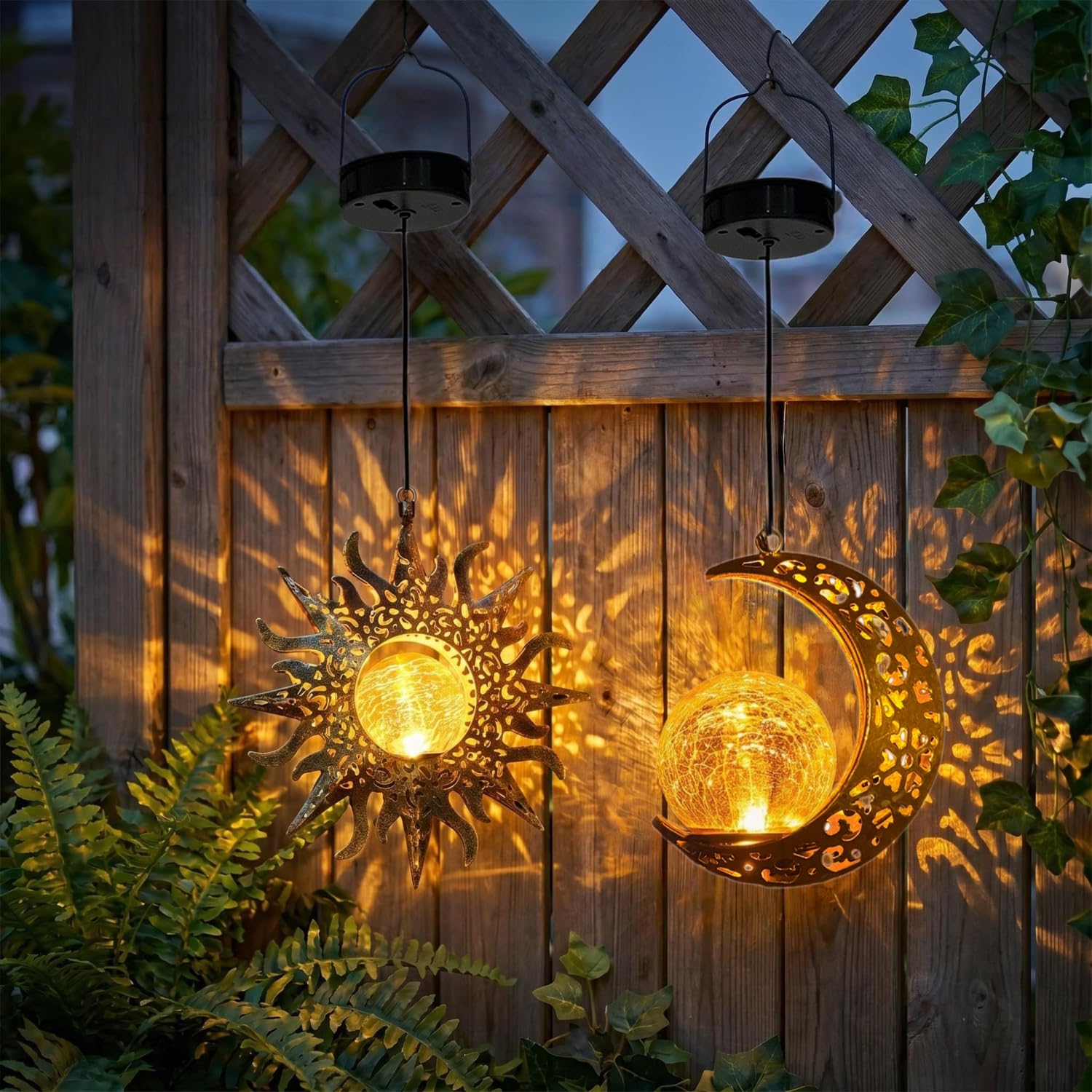 Sunnydaze Crackle Glass Globe Hanging Solar Lantern, Bronze