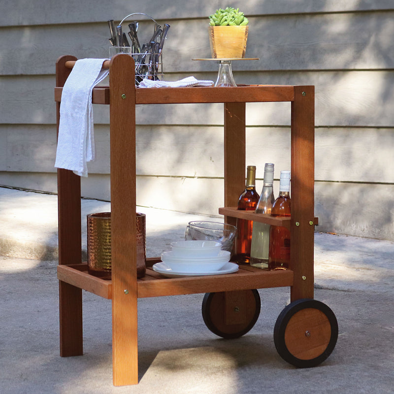 Sunnydaze Outdoor Bar Cart with Wine Glass Rack and Two Shelves