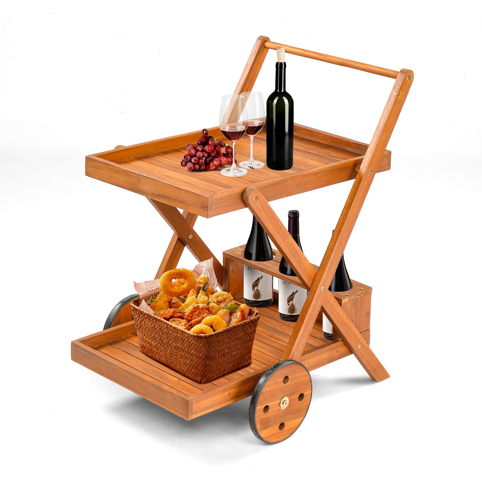 Tangkula 3-Tier Bar Cart with Acacia Wood Shelves