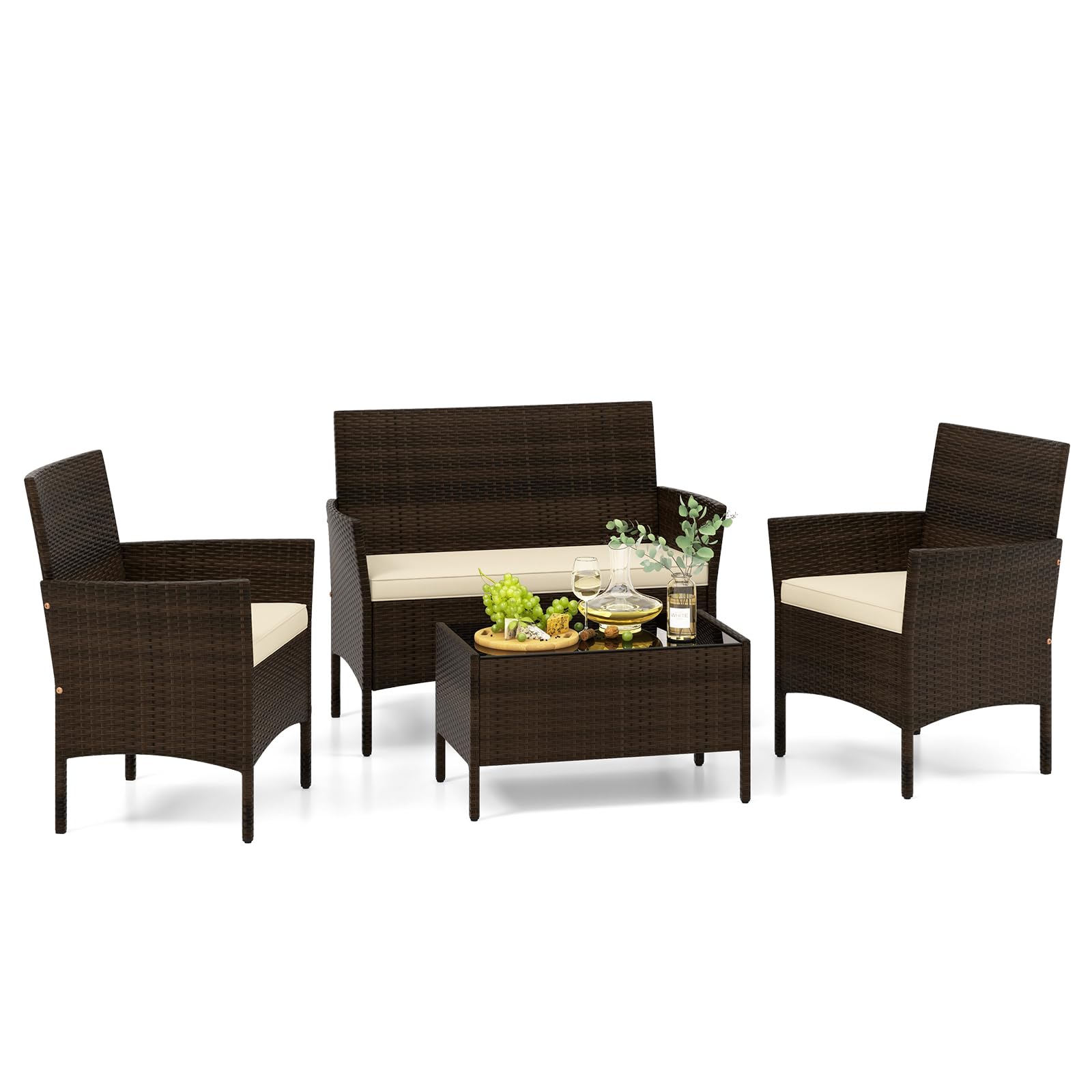 Tangkula 4-Piece Outdoor Wicker Conversation Set with Cushions