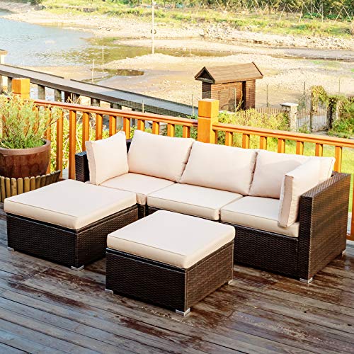 Tangkula 5-Piece Patio Rattan Sectional Sofa Set with Ottoman and Cushions