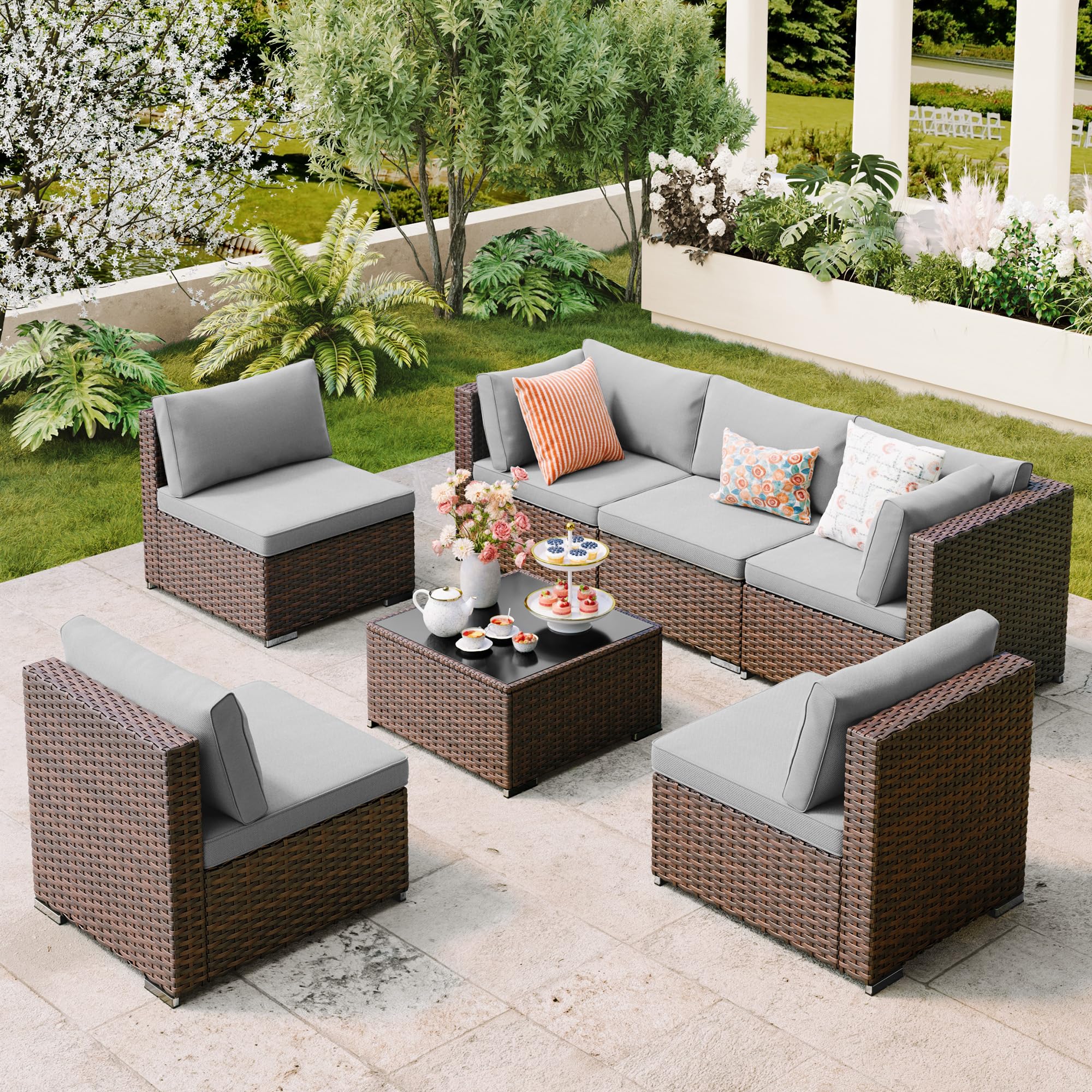 Tangkula 6-Piece Outdoor PE Wicker Patio Sectional Sofa Set with Cushions