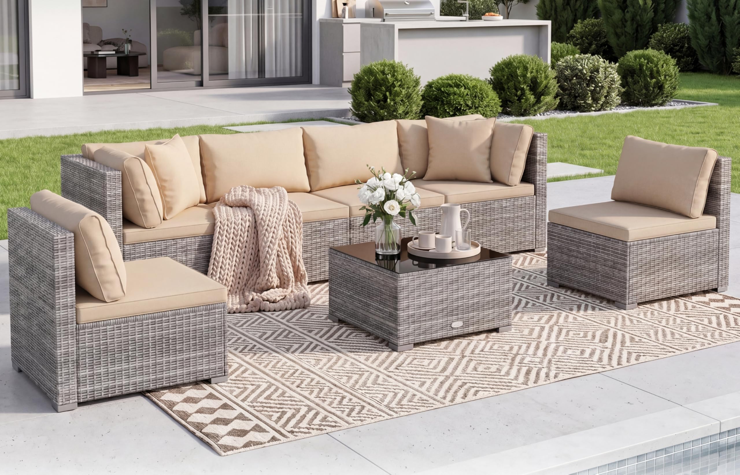 Tangkula 7-Piece Patio Sectional Sofa Set with Tempered Glass Coffee Table