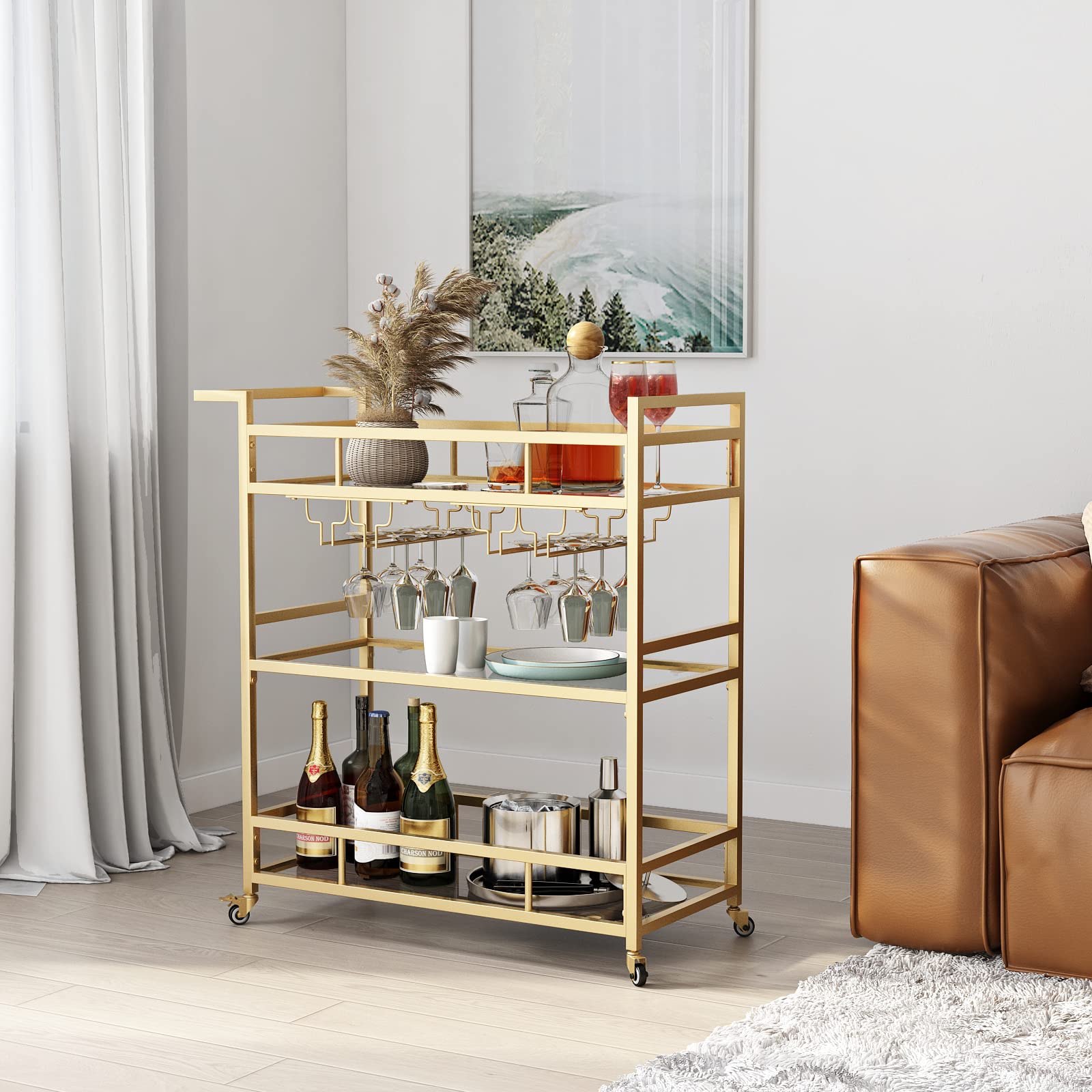 Tangkula Outdoor Bar Cart with Wine Glass Rack and Storage Shelf