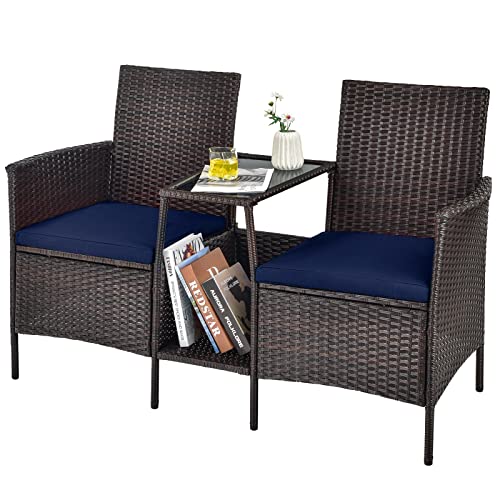 Tangkula Outdoor PE Wicker Coffee Table with Storage Shelf