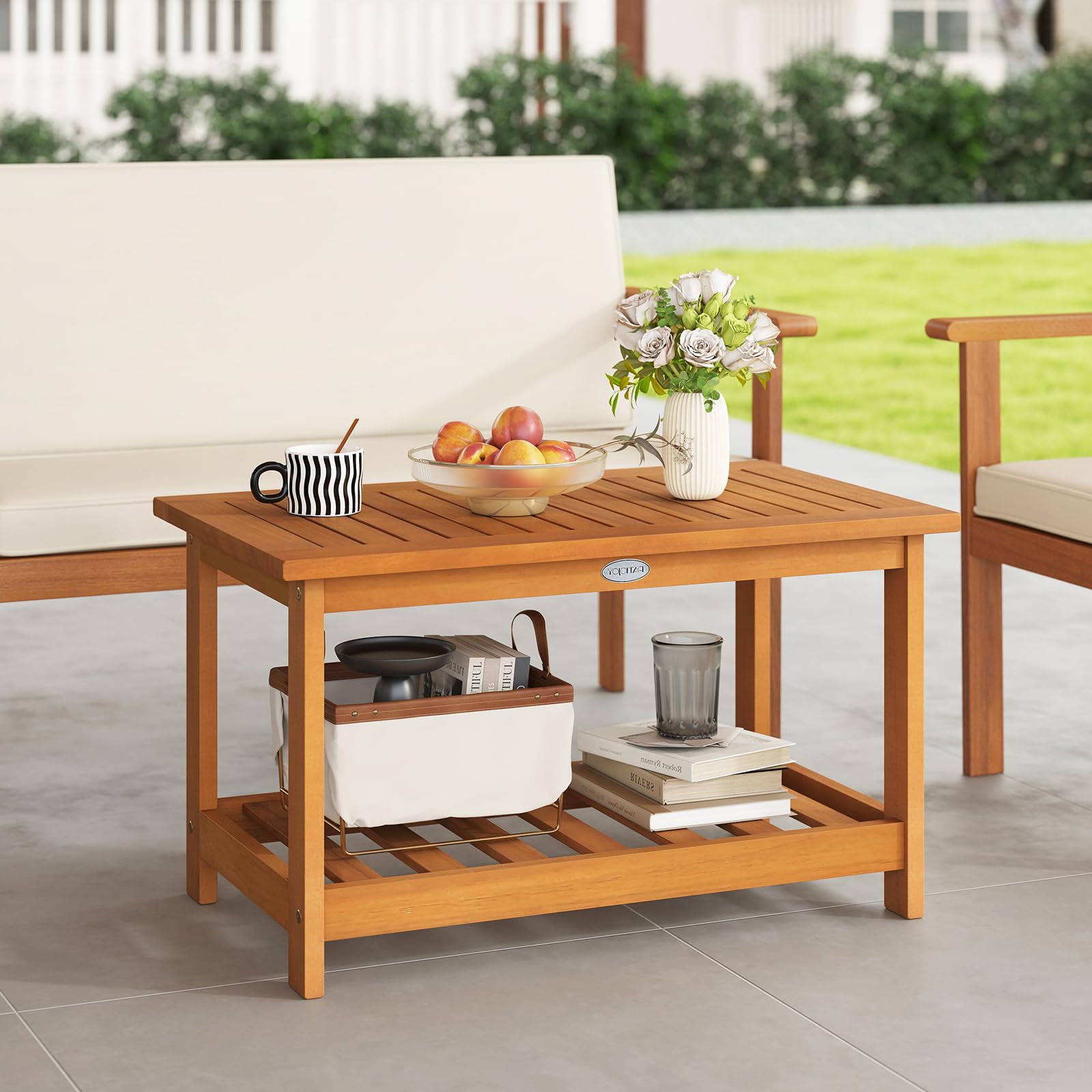 Tangkula Outdoor Wicker Coffee Table with Storage Shelf