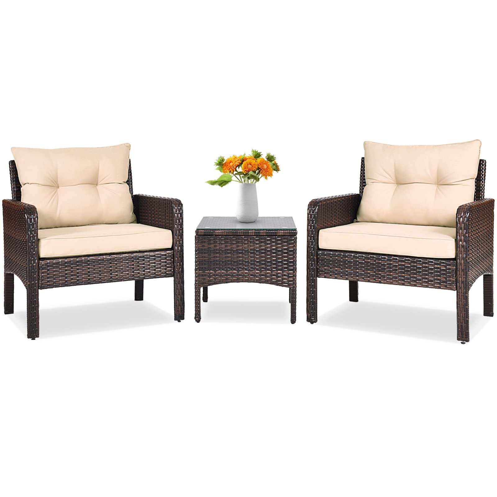 Tangkula Outdoor Wicker Ottoman with Glass Top