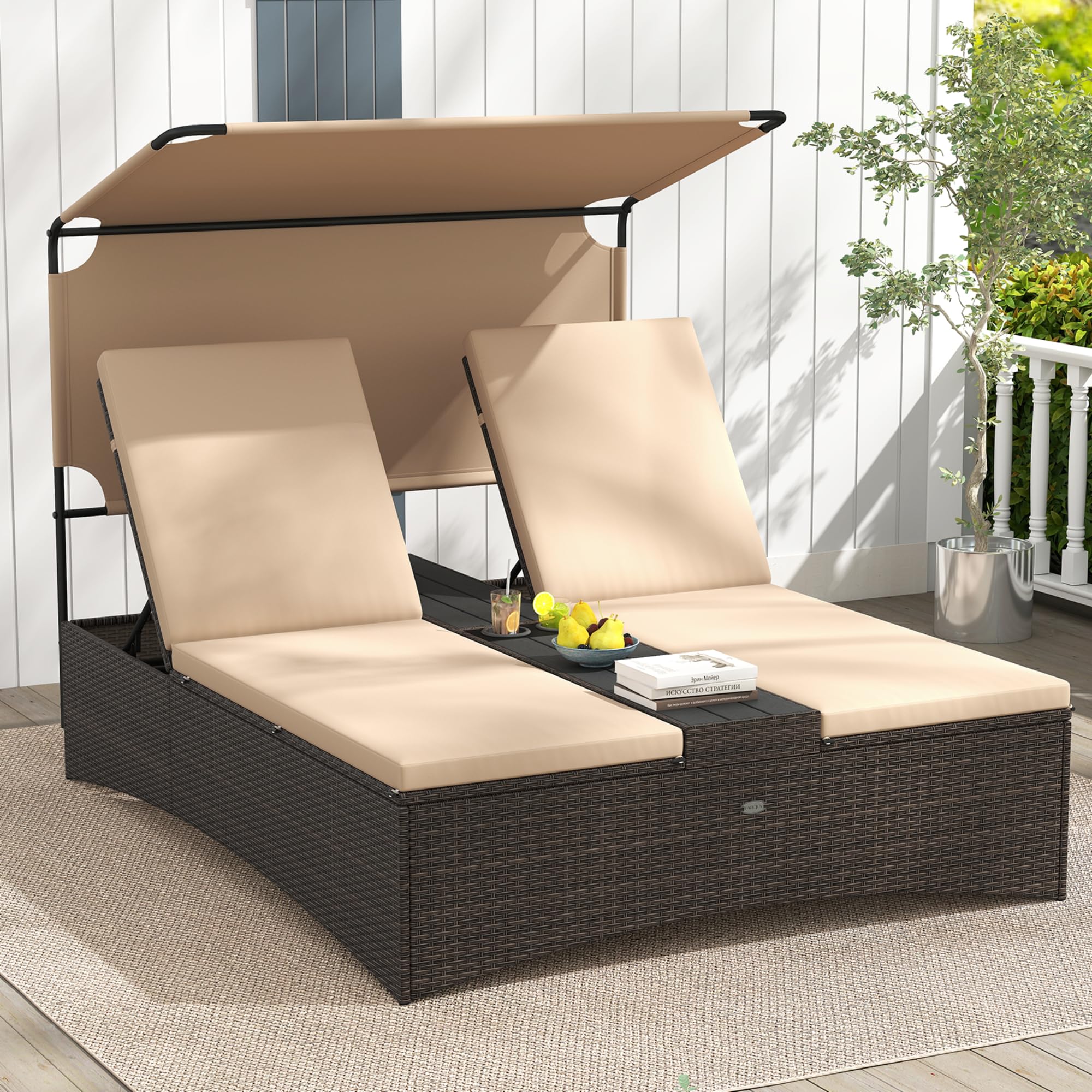 Tangkula Patio Daybed Outdoor Bed with Adjustable Canopy