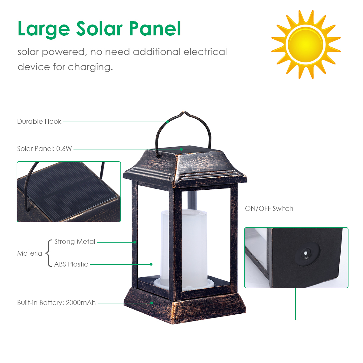 Tomcare Solar Lanterns Metal Flickering Flame Outdoor Lanterns (2-Pack)