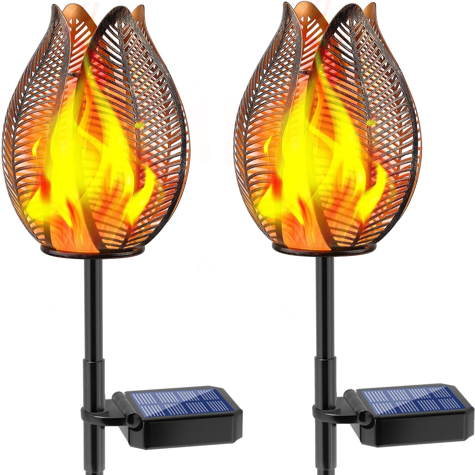 TomCare Solar Lights Metal Flickering Flame 2-Pack