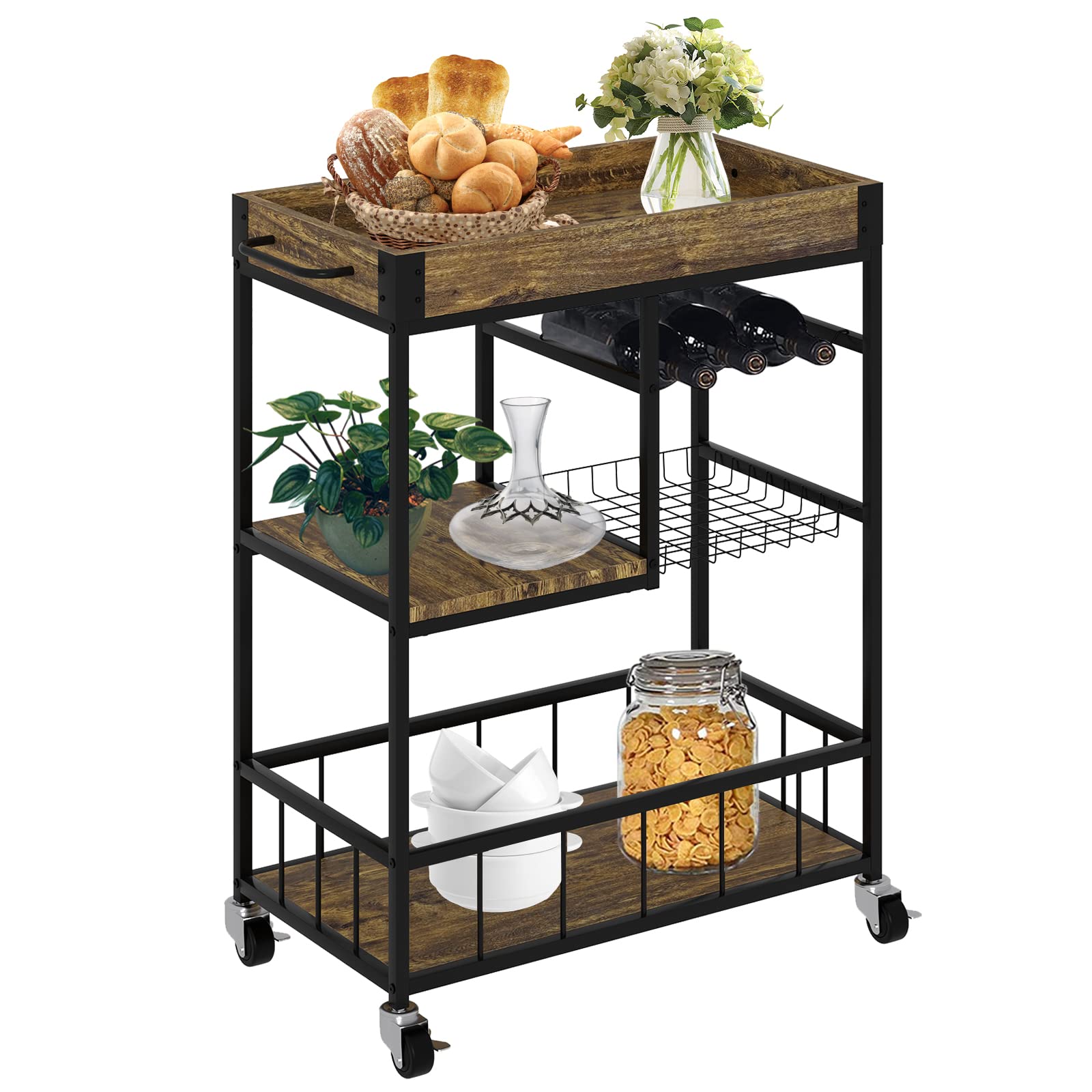 Yaheetech 3-Tier Rolling Bar Cart with Wheels and Wine Rack