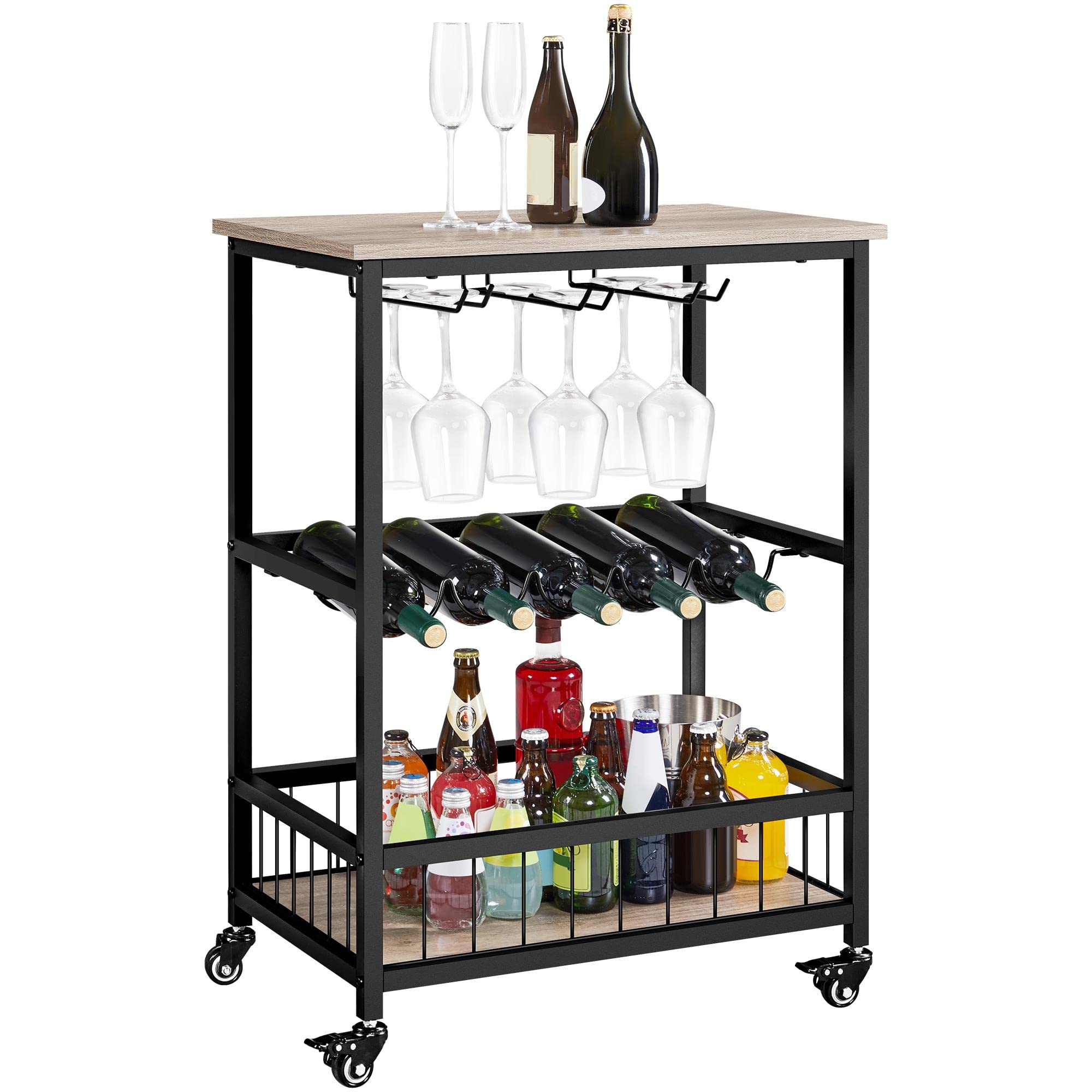 Yaheetech 3-Tier Rolling Bar Cart with Wine Rack