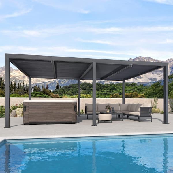 YOLENY 10 x 12 Ft Outdoor Hardtop Pergola with Built-in LED Lights Aluminum Frame